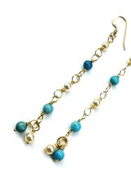 14 KT Gold Filled Wire Wrapped Long Turquoise Pearl Dangle Earrings