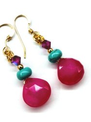 14 KT Gold Filled Wire Wrapped Pink And Turquoise Drop Gemstone Earrings