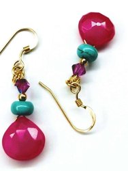 14 KT Gold Filled Wire Wrapped Pink And Turquoise Drop Gemstone Earrings