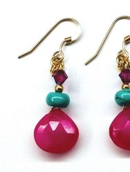 14 KT Gold Filled Wire Wrapped Pink And Turquoise Drop Gemstone Earrings