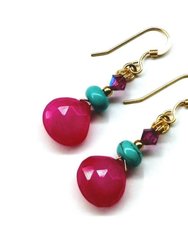14 KT Gold Filled Wire Wrapped Pink And Turquoise Drop Gemstone Earrings - Multi