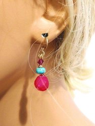 14 KT Gold Filled Wire Wrapped Pink And Turquoise Drop Gemstone Earrings