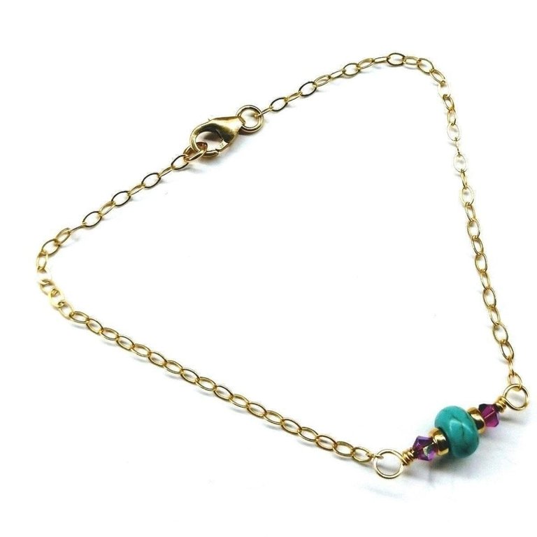 14K Gold Filled Pink and Turquoise Gemstone Dainty Bracelet - Gold Multi