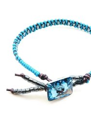 Aqua Hematite Bead Braided Square Swarovski Crystal Button Bracelet