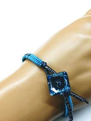 Aqua Hematite Bead Braided Square Swarovski Crystal Button Bracelet