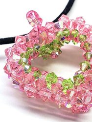 Beaded Open 3-D Crystal Heart Necklace - Pink and Green
