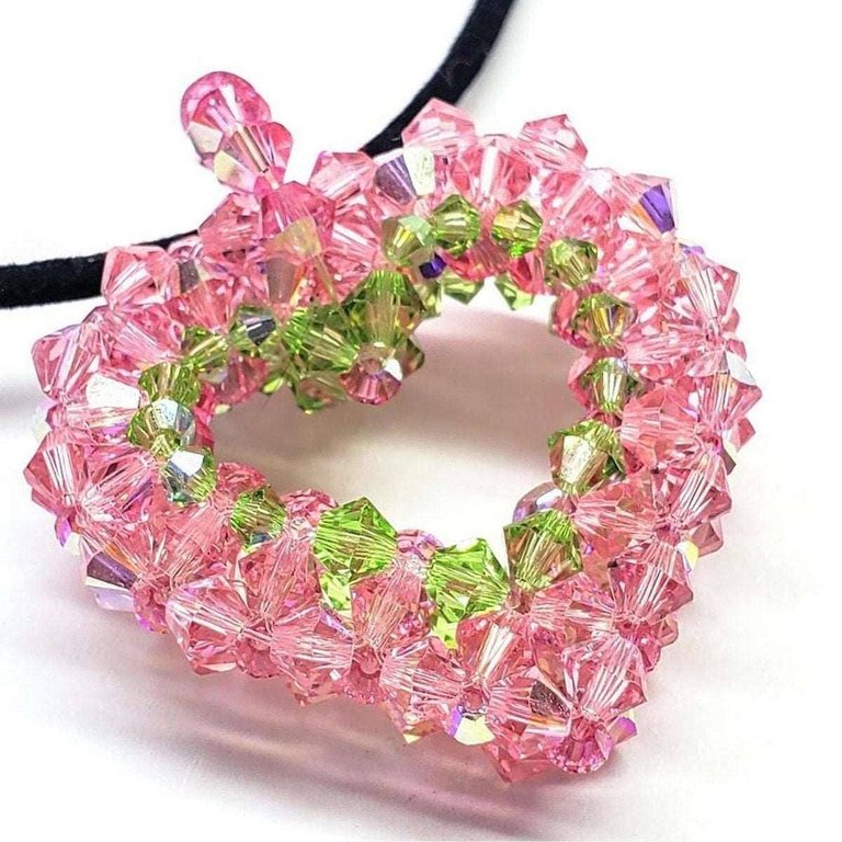 Beaded Open 3-D Crystal Heart Necklace - Pink and Green