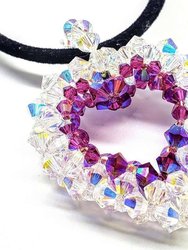 Beaded Open 3-D Crystal Heart Necklace - Crystal AB and Fuchsia