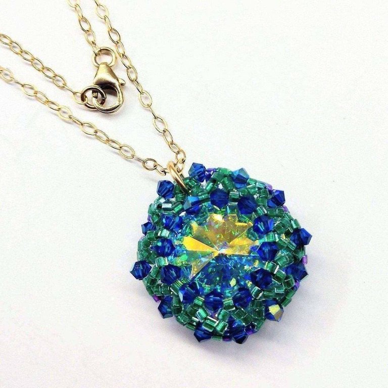 Blue Green Beaded Super Sparkly Rivoli Crystal Necklace - Blue Green