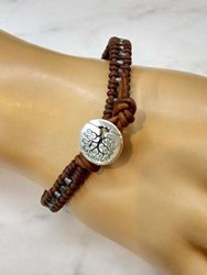 Brown Grey Leather Wrap Seed Bead Button Bracelet