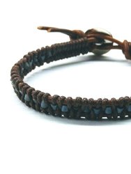 Brown Grey Leather Wrap Seed Bead Button Bracelet