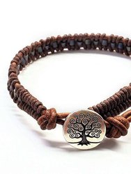 Brown Grey Leather Wrap Seed Bead Button Bracelet - Brown Grey