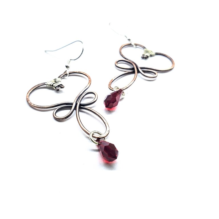 Copper Heart Crystal Drop Earrings - Red