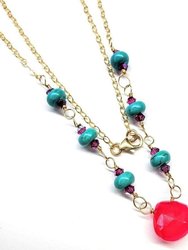 Gold Filled Pink Chalcedony Turquoise Gemstone Drop Necklace - Multi