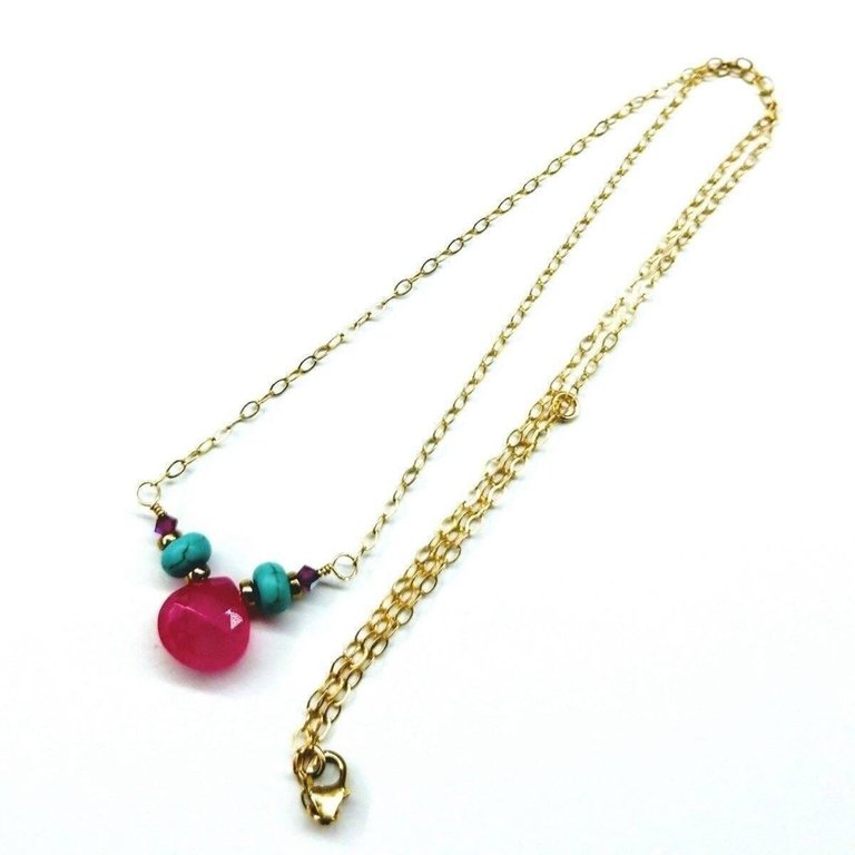 Gold Filled Turquoise and Pink Gemstone Drop Necklace - Multi