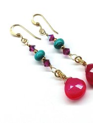 Gold Filled Wire Wrapped Pink And Turquoise Gemstone Earrings - Multi