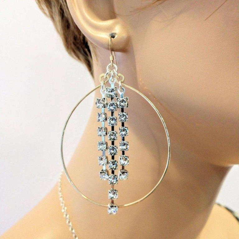 Gold Oval Hoop Crystal Chain Earrings
