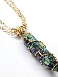 Gold Wire Wrapped Caged In Ruby In Zoisite Pointed Crystal Necklace For Him - Multi