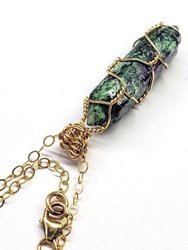 Gold Wire Wrapped Caged In Ruby In Zoisite Pointed Crystal Necklace For Him