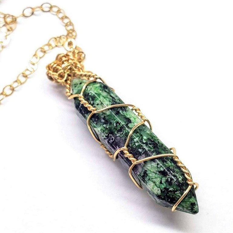 Gold Wire Wrapped Caged In Ruby In Zoisite Pointed Crystal Necklace For Him