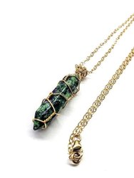 Gold Wire Wrapped Caged In Ruby In Zoisite Pointed Crystal Necklace For Him