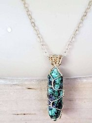 Gold Wire Wrapped Caged In Ruby In Zoisite Pointed Crystal Necklace For Him