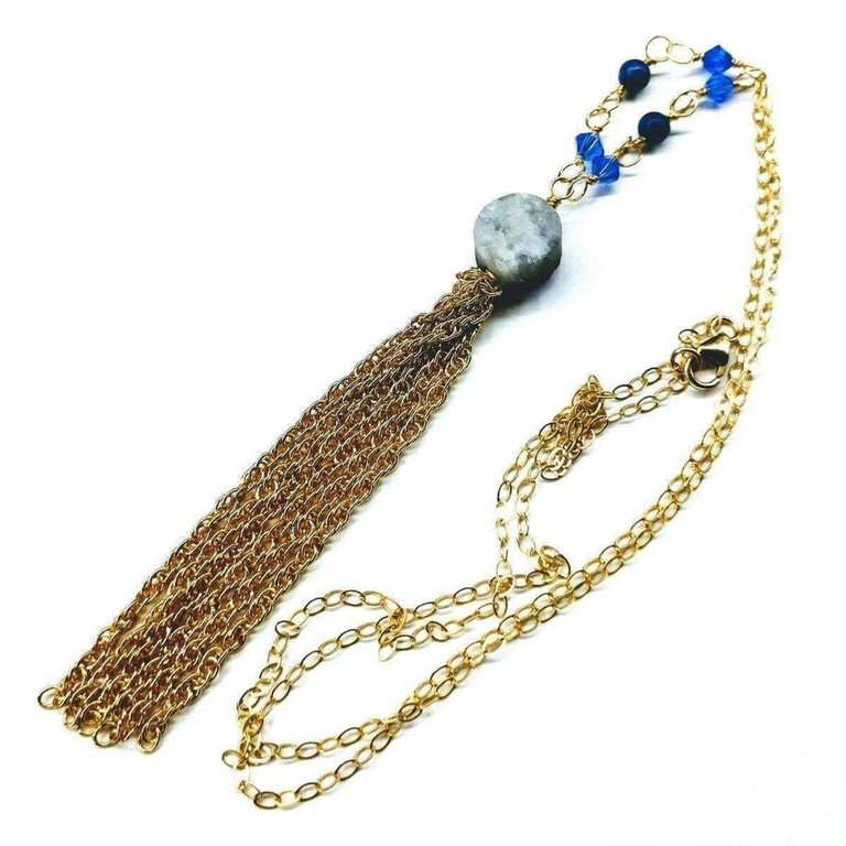 Golden Blue Druzy Chain Tassel Necklace