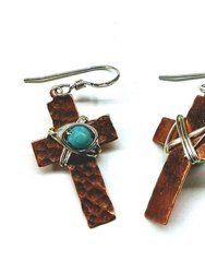 Hammered Copper Cross Earrings with Turquoise Beads