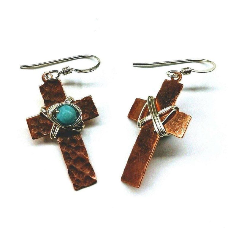 Hammered Copper Cross Earrings with Turquoise Beads