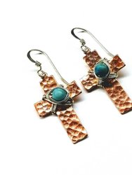 Hammered Copper Cross Earrings with Turquoise Beads - Multi