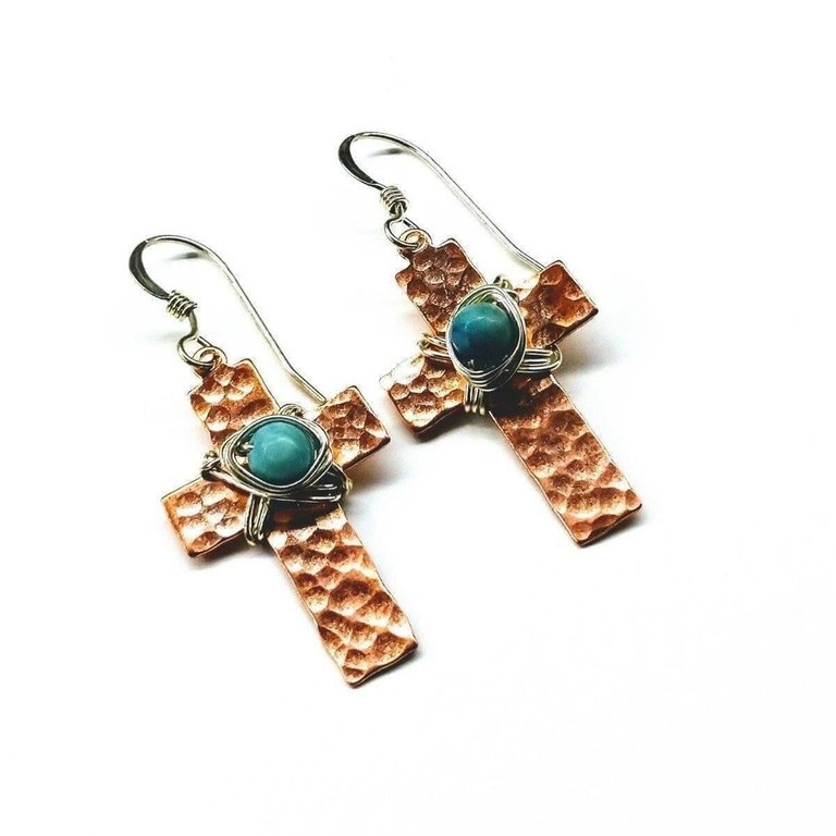 Hammered Copper Cross Earrings with Turquoise Beads - Multi