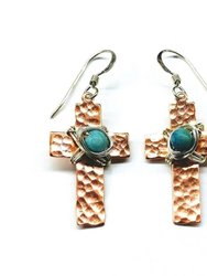 Hammered Copper Cross Earrings with Turquoise Beads