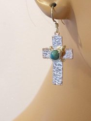 Hammered Copper Cross Earrings with Turquoise Beads