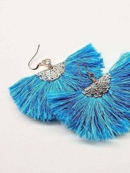 Handmade Aqua Brushed Rayon Silk Fan Tassel Earrings - Aqua Blue