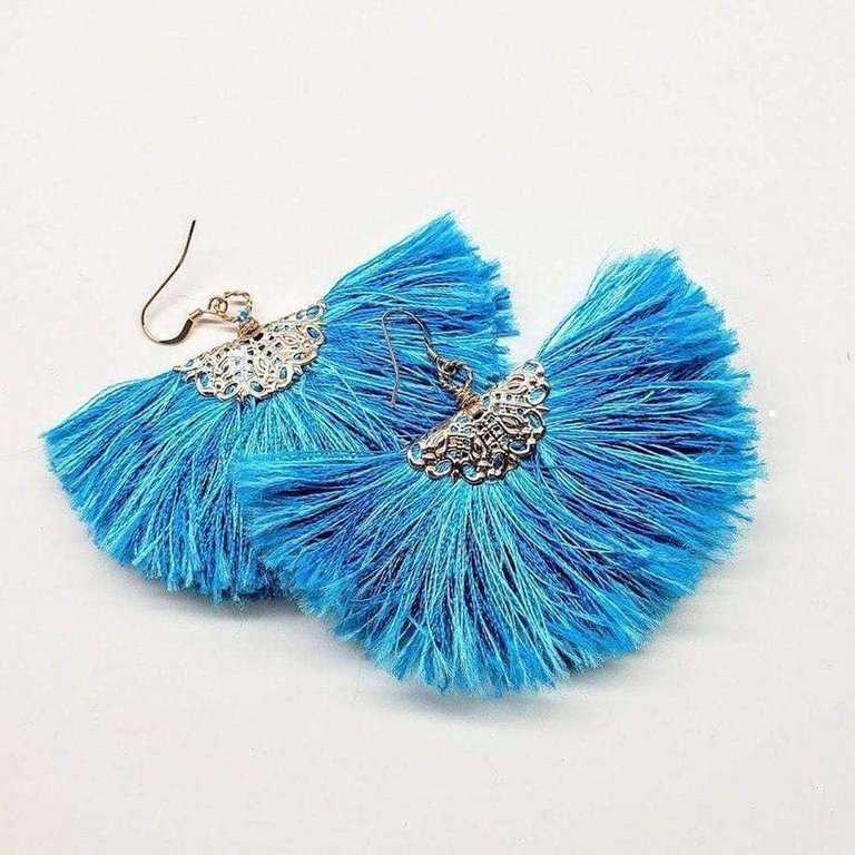 Handmade Aqua Brushed Rayon Silk Fan Tassel Earrings - Aqua Blue