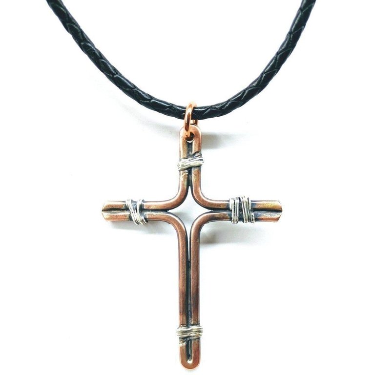 Handmade Copper and Silver Wire Cross Necklace for Him