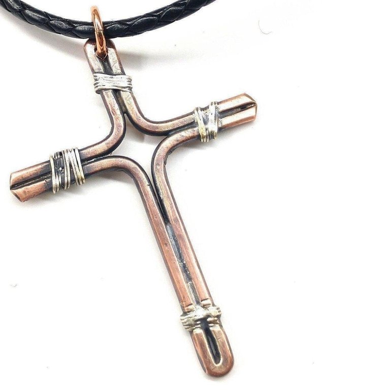 Handmade Copper and Silver Wire Cross Necklace for Him - Multi