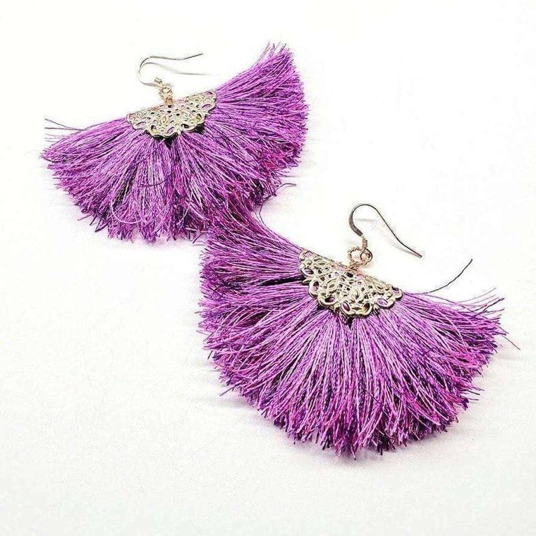 Handmade Rayon Silk Filigree Silk Fan Tassel Earrings - Purple