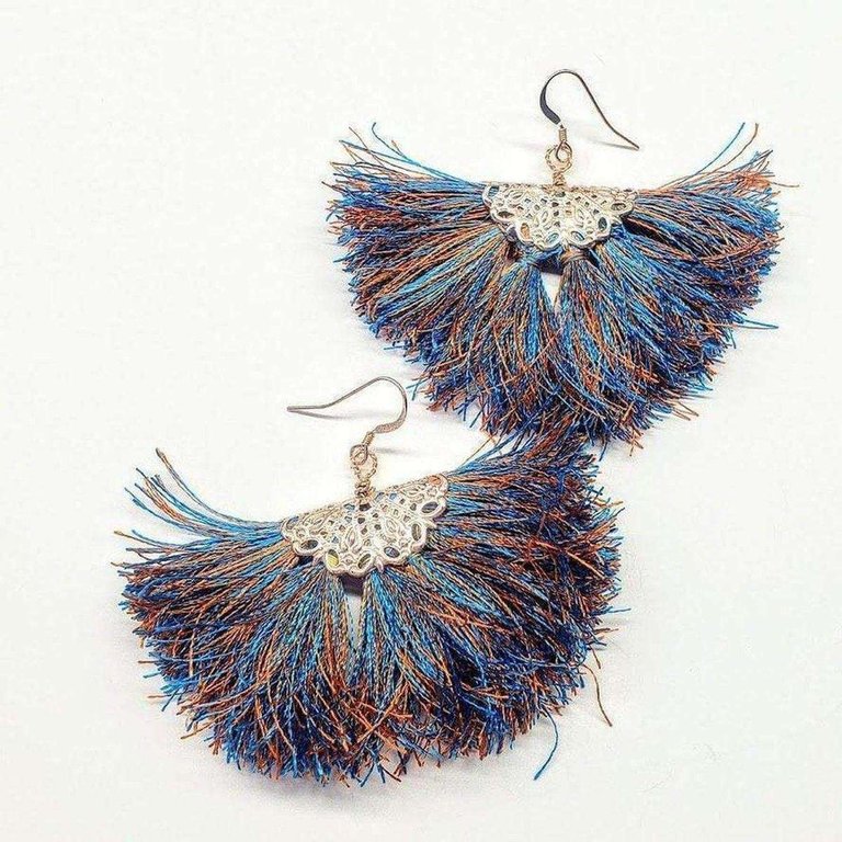 Handmade Rayon Silk Filigree Silk Fan Tassel Earrings - Blue Brown