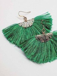 Handmade Rayon Silk Filigree Silk Fan Tassel Earrings - Green