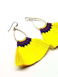 Hawaii Hula Skirt Fan Tassel Hoop Earrings - Bright Yellow