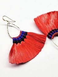 Hawaii Hula Skirt Fan Tassel Hoop Earrings - Bright Red