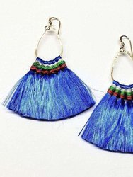 Hawaii Hula Skirt Fan Tassel Hoop Earrings - Bright Blue