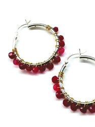 Hot Pink Chalcedony Silver Hoop Earrings - Silver/Hot Pink