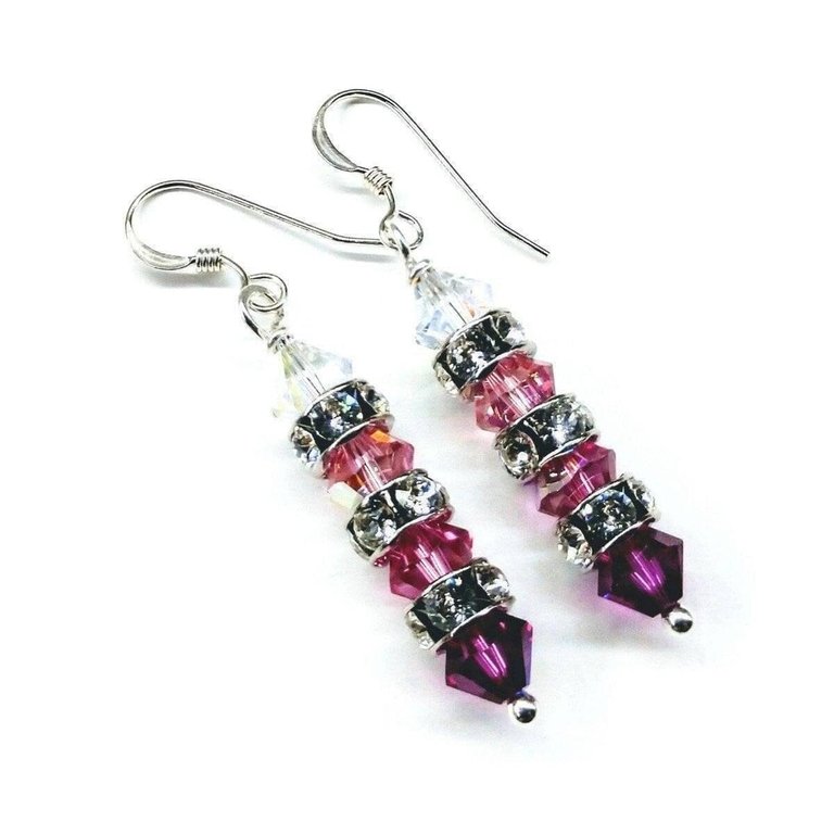 Hot Pink Ombre Stacked Crystal Sterling Silver Earrings - Multi