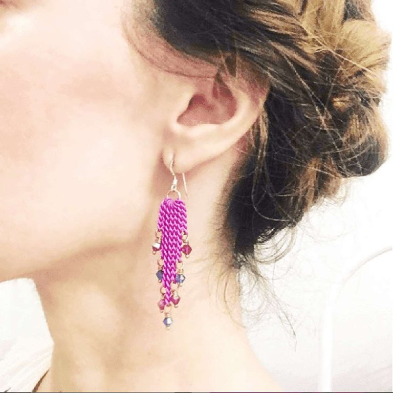 Hot Pink Tassel Chain Crystal Earrings - Hot Pink