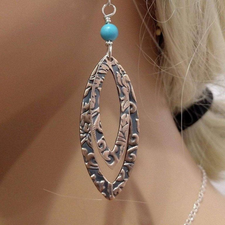 Long Pointed Oval Copper And Turquoise Earrings
