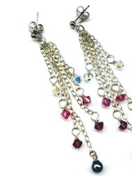Long Sterling Silver Crystal  Pearl Tassel Earrings - Silver Multi