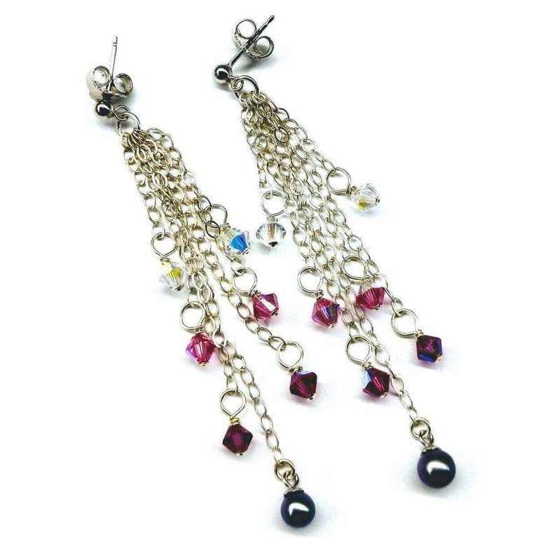 Long Sterling Silver Crystal  Pearl Tassel Earrings - Silver Multi