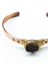 Love Stamped Gold Wire Wrapped Purple Druzy Copper Cuff - Multi